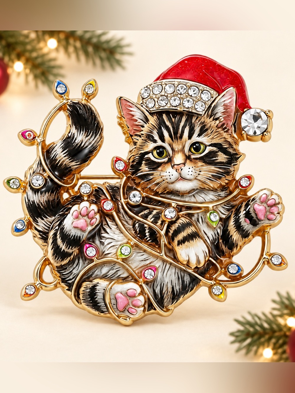 Christmas Tabby Cat Santa Festive Gold Brooch - Picture 7 of 8